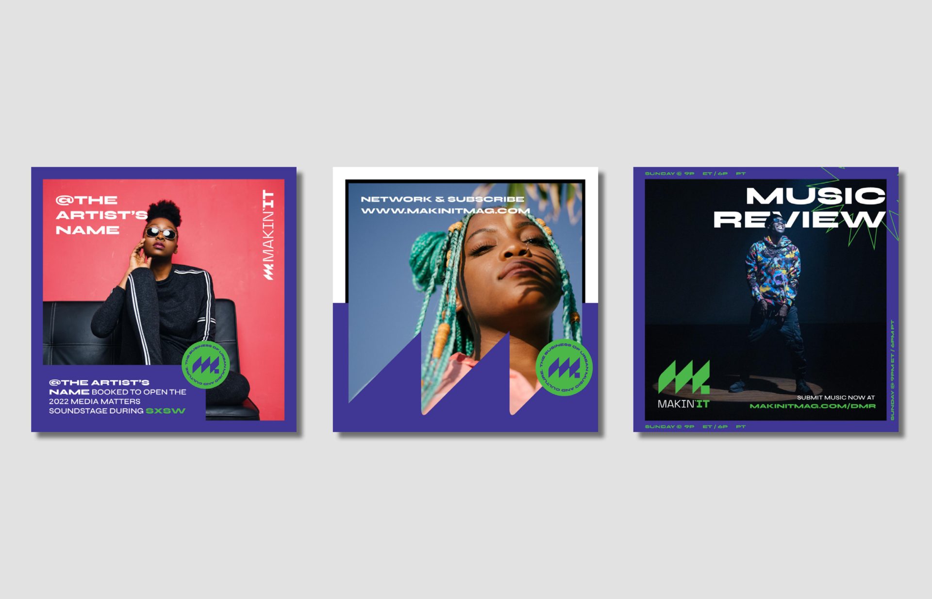 Three promotional social media posts.