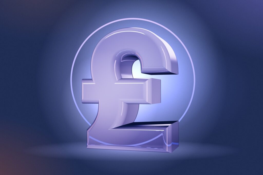 Glass pound sign in front of a lilac halo on a navy background, The Present Pixel branding cost guide