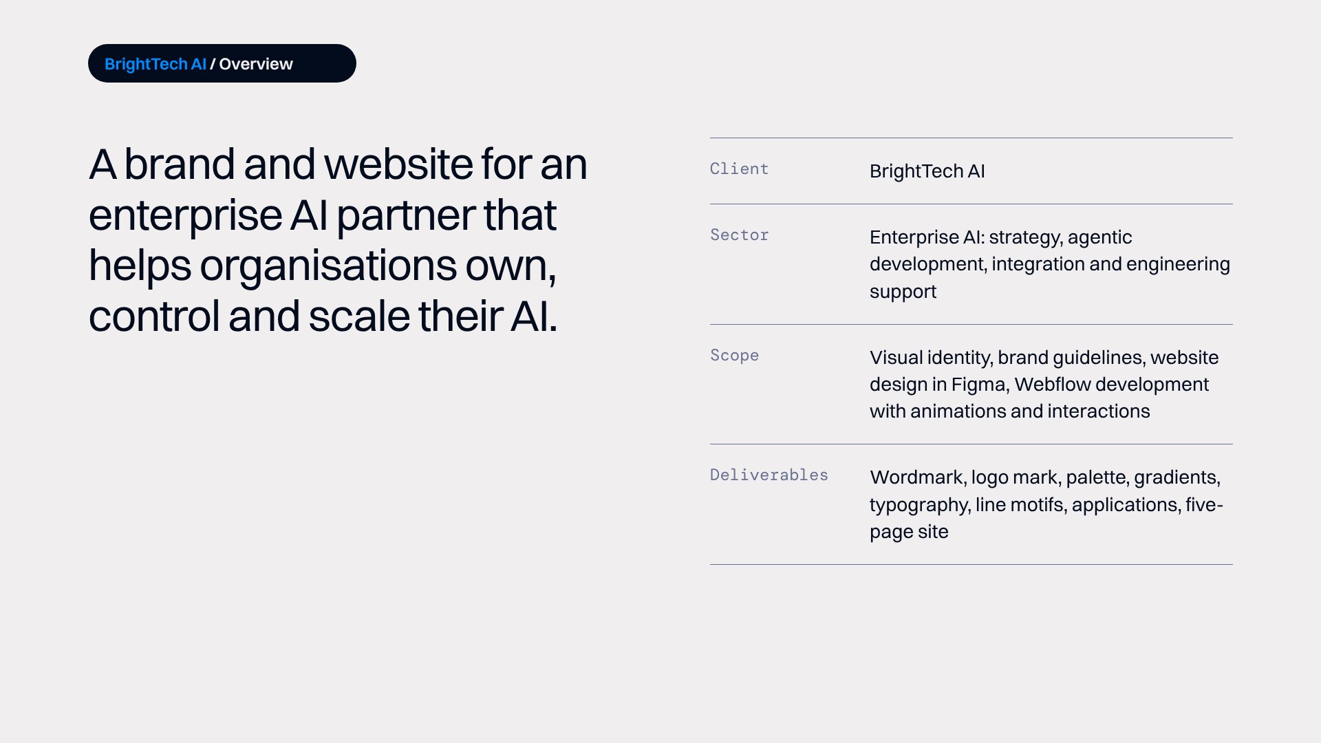 BrightTech AI project overview: visual identity, brand guidelines, Figma website design and Webflow development