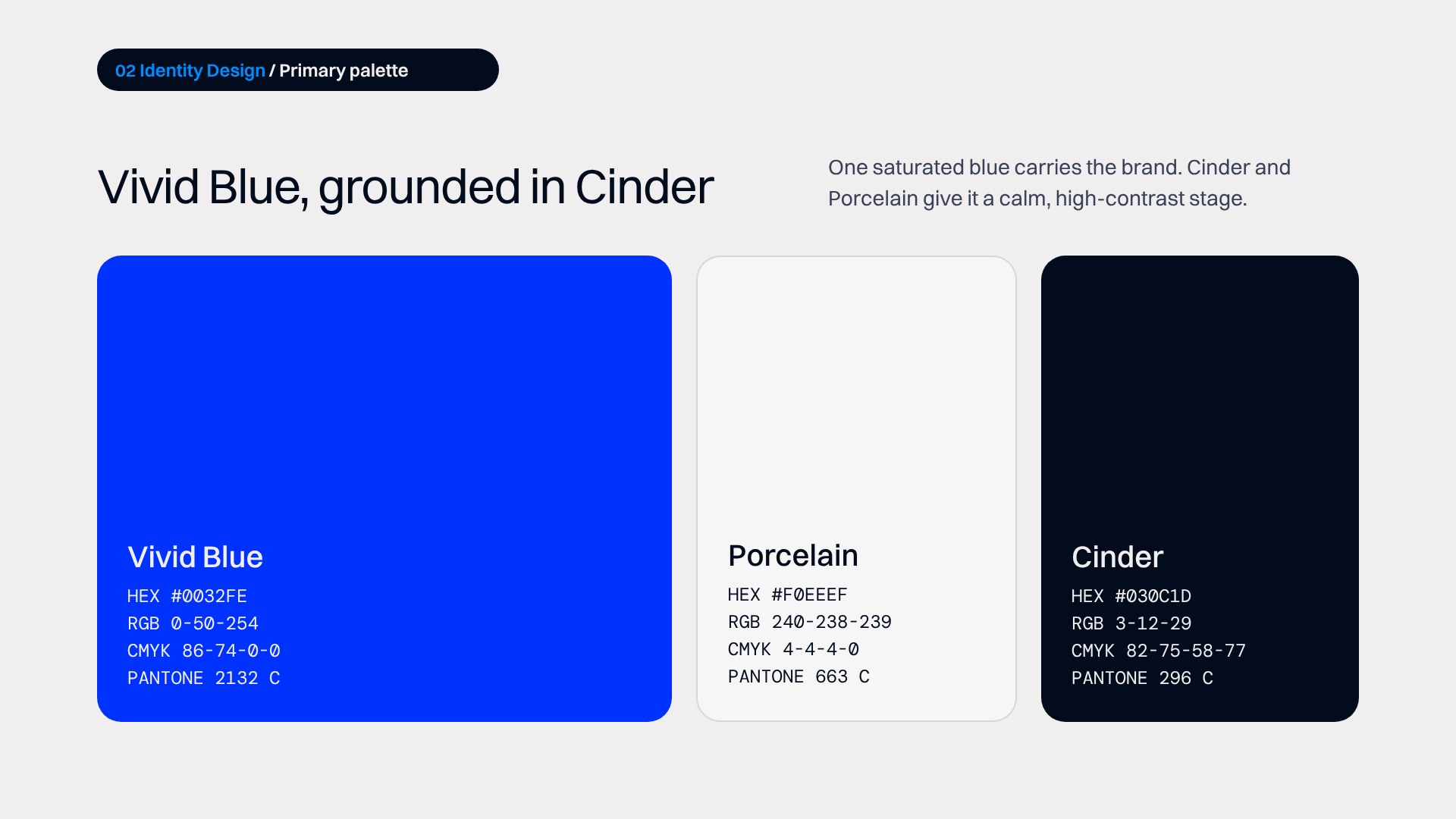 BrightTech AI primary colour palette: Vivid Blue, Porcelain and Cinder