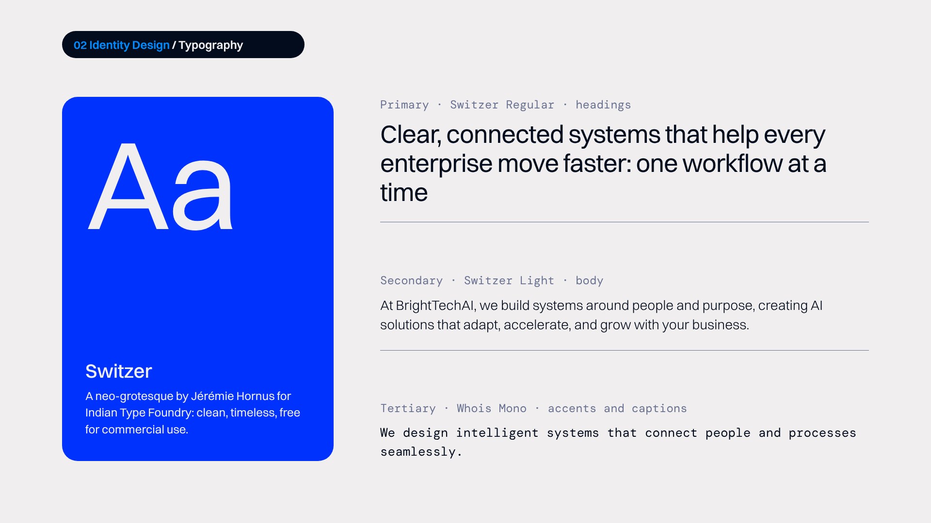 BrightTech AI typography: Switzer headings and body, mono accents