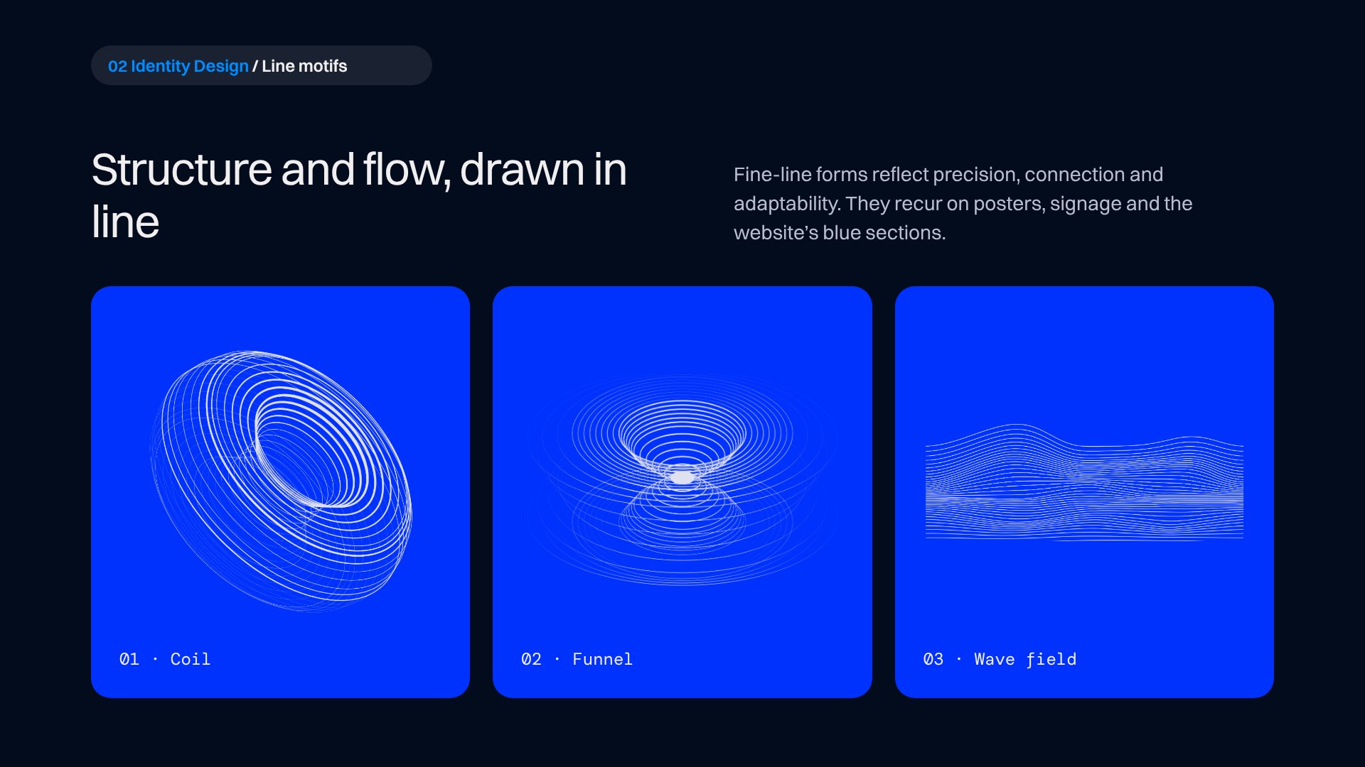 BrightTech AI line motifs: coil, funnel and wave field