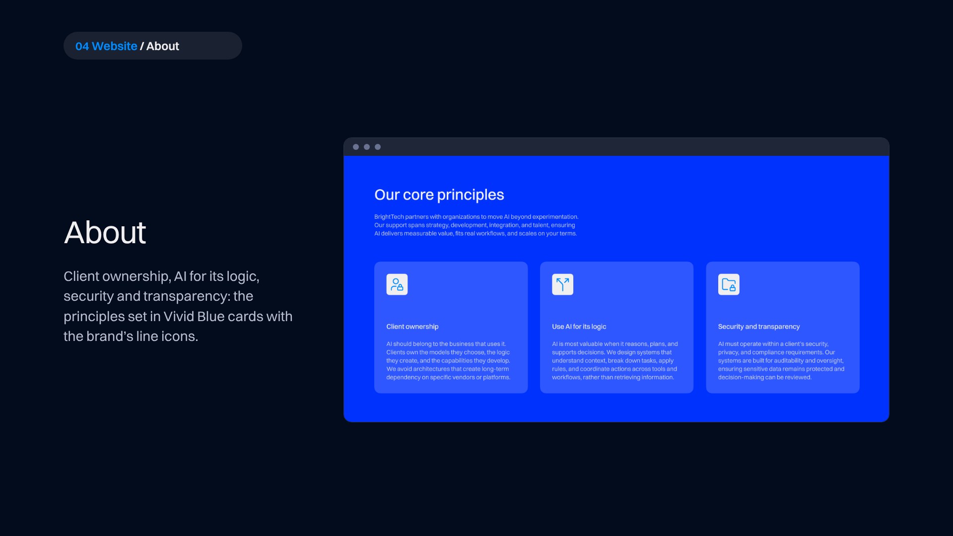 BrightTech AI about page: core principles section