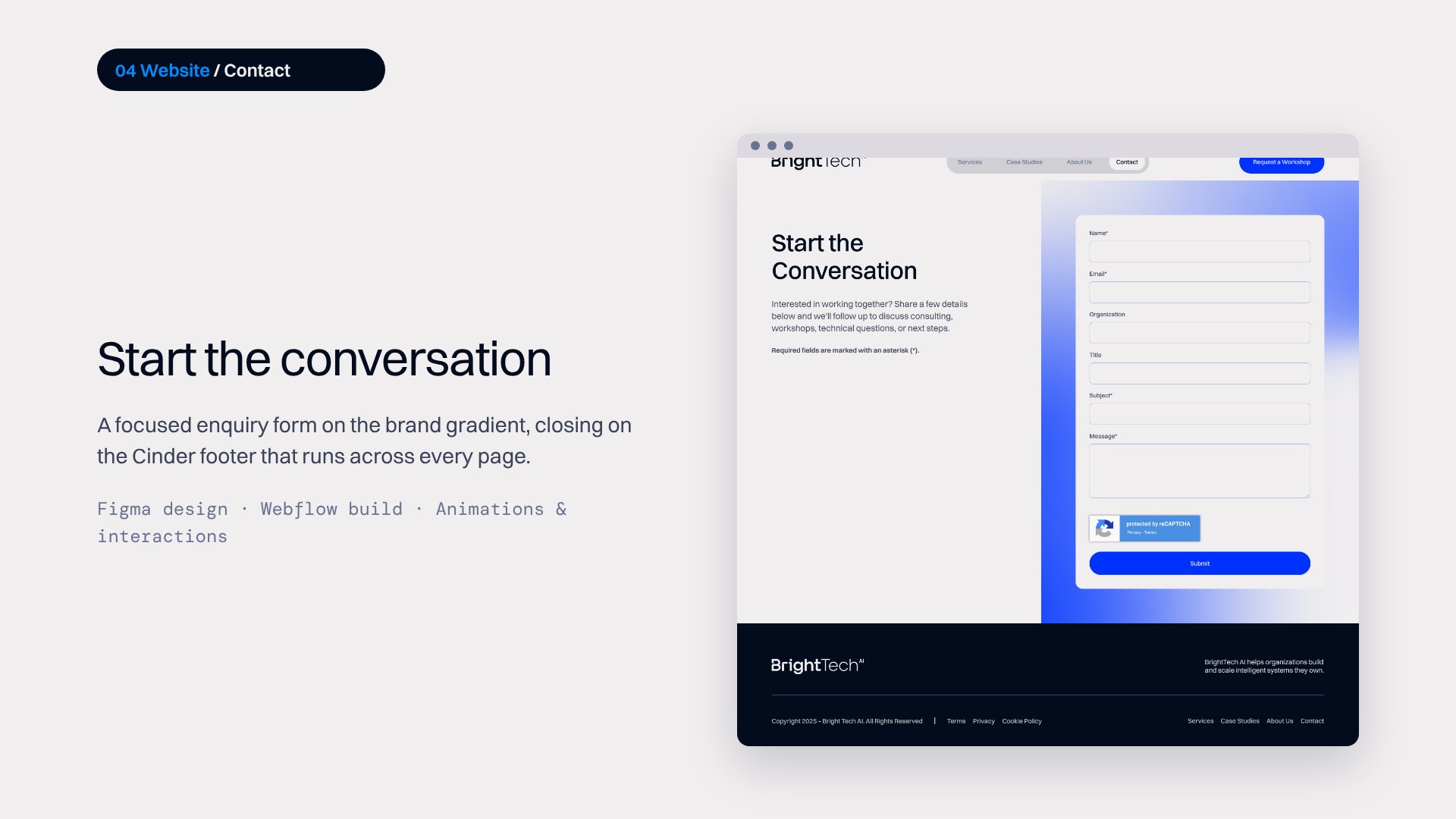 BrightTech AI contact page and footer design