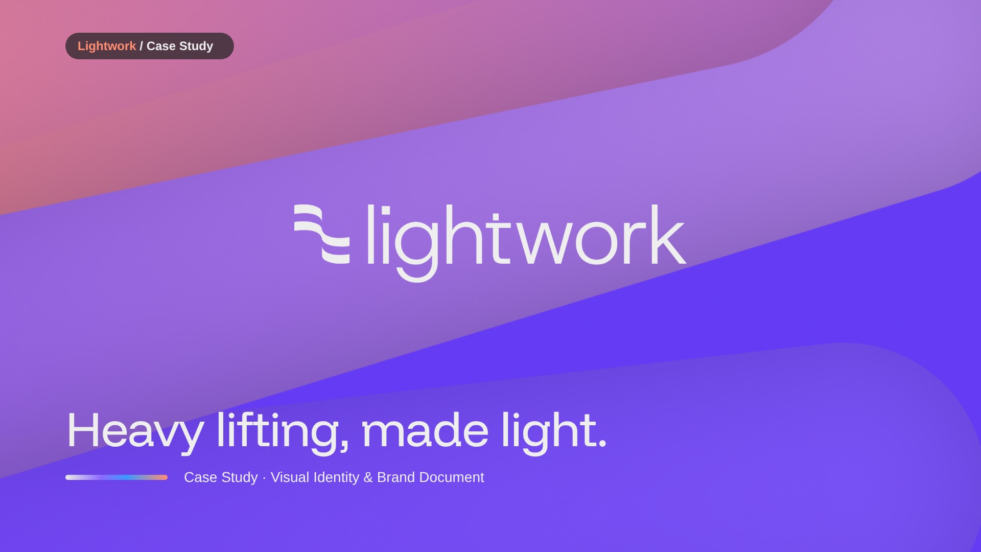 Lightwork brand identity case study cover: logo on violet and coral gradient ribbons