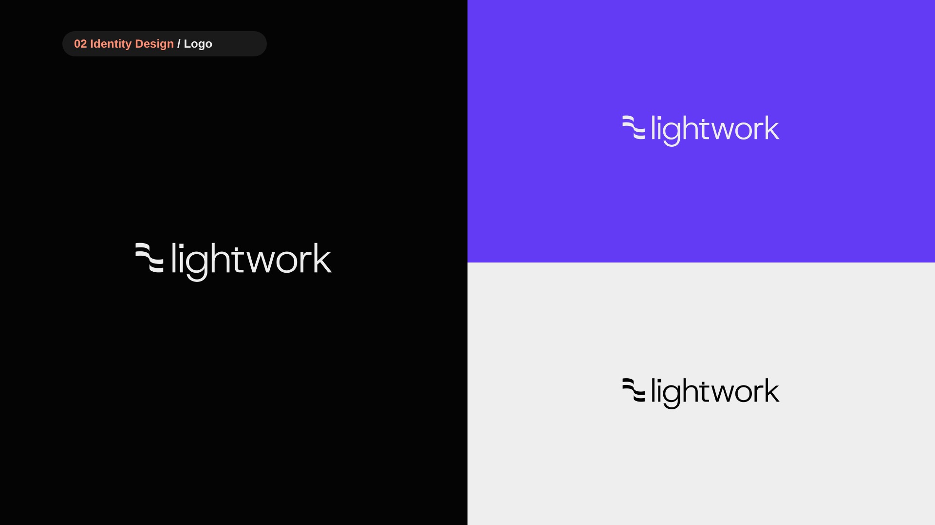 Lightwork logo and wordmark lockups on black, violet and light grey