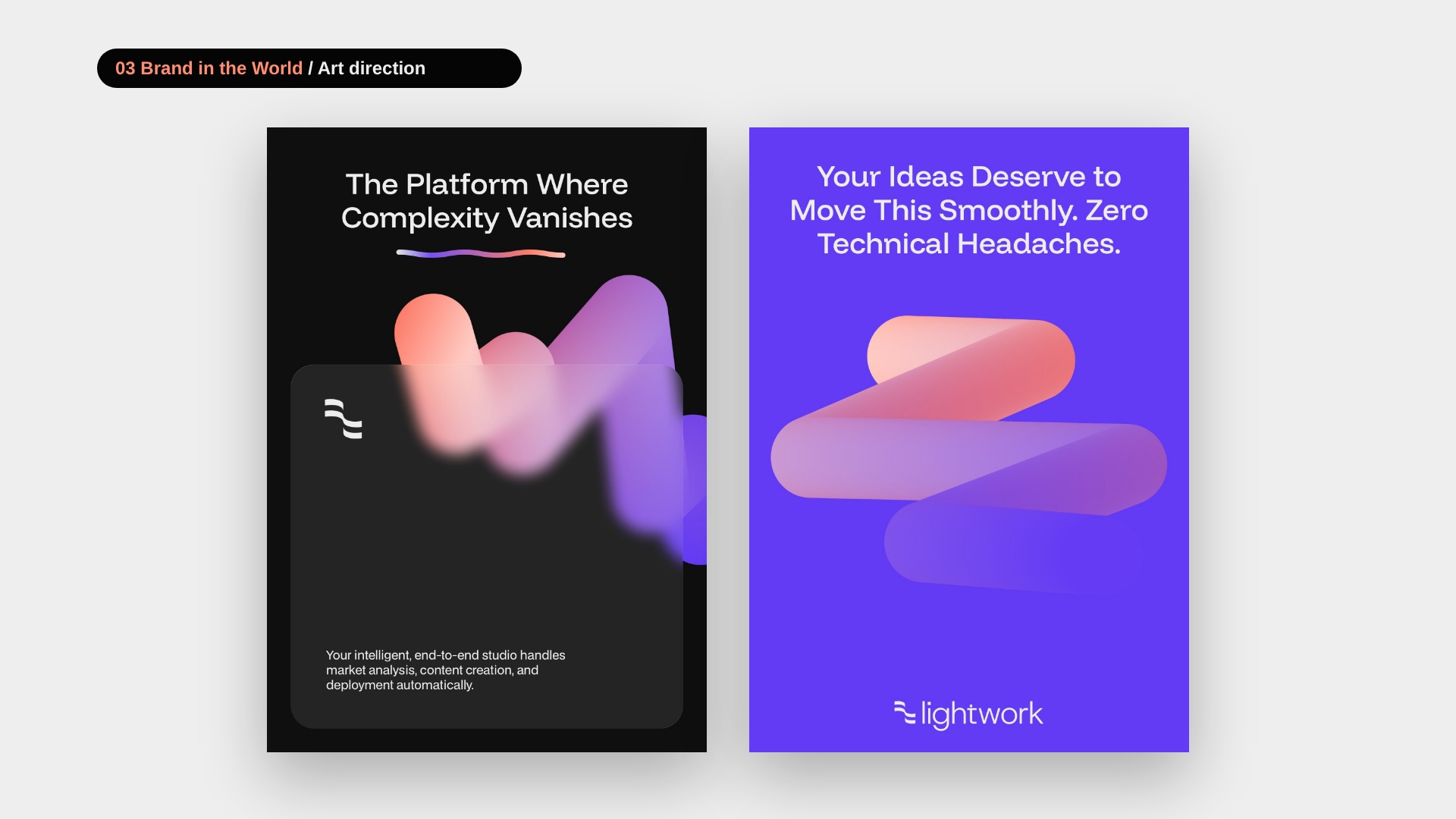 Lightwork art direction: dark and violet posters with gradient ribbons