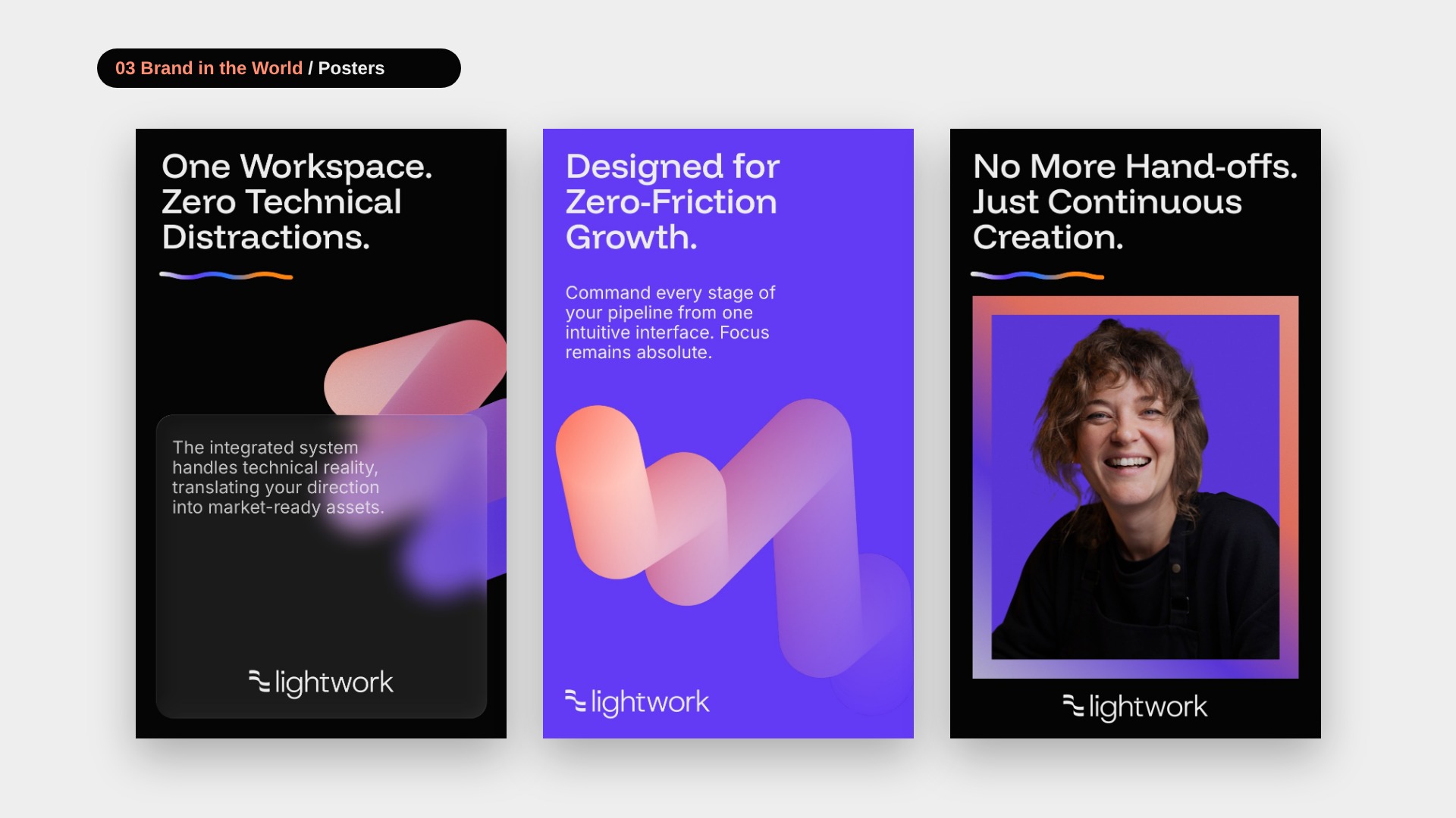 Lightwork brand posters in black and purple